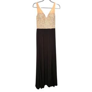 Adrianna Papell Black & Nude Beaded Gown V-Neck Sleeveless Formal Dress Size 6